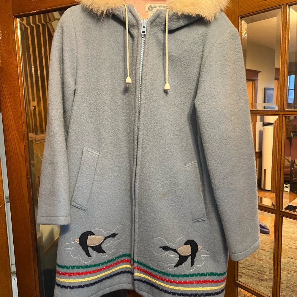 Vintage Hudson Bay 100% Wool Coat with fur-lined hood; penguin design
